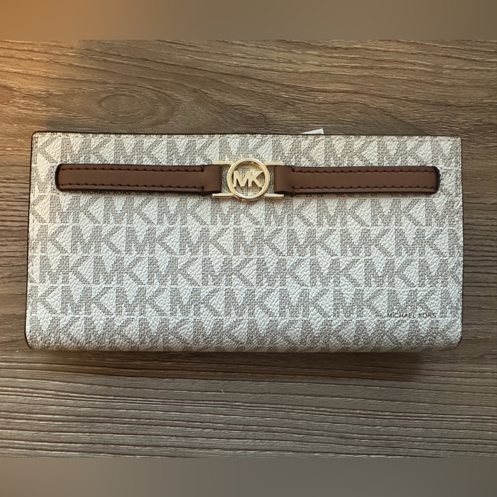 Michael Kors Tan and Cream Logo Clutch